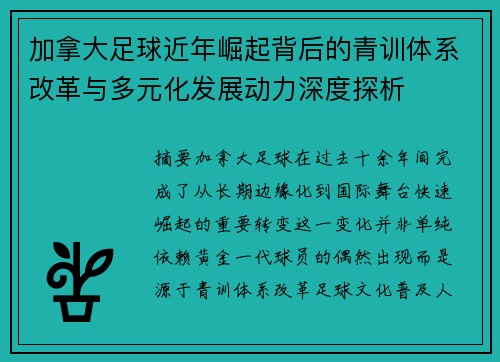 加拿大足球近年崛起背后的青训体系改革与多元化发展动力深度探析
